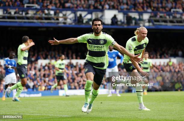 Ilkay Guendogan of Manchester City celebrates after scoring the team's first goal during the Premier League match between Everton FC and Manchester...