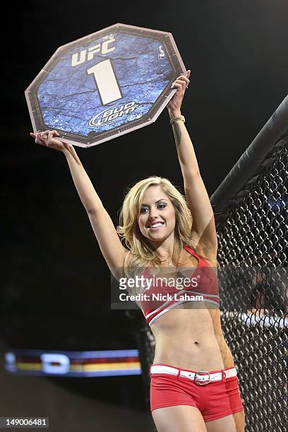 Octagon Girl Brittney Palmer introduces the first round between Mitch Clarke and Anton Kuivanen during their lightweight bout at UFC 149 inside the...