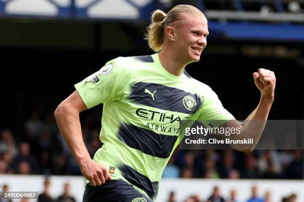Erling Haaland of Manchester City celebrates after scoring the team's second goal during the Premier League match between Everton FC and Manchester...