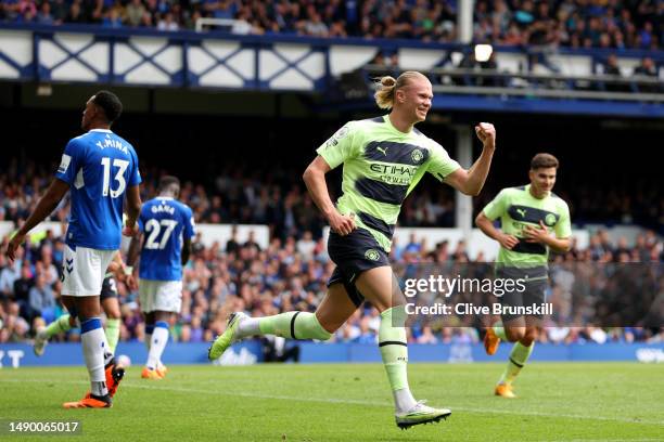 Erling Haaland of Manchester City celebrates after scoring the team's second goal during the Premier League match between Everton FC and Manchester...