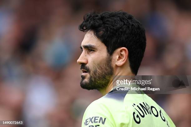 Ilkay Guendogan of Manchester City looks on during the Premier League match between Everton FC and Manchester City at Goodison Park on May 14, 2023...