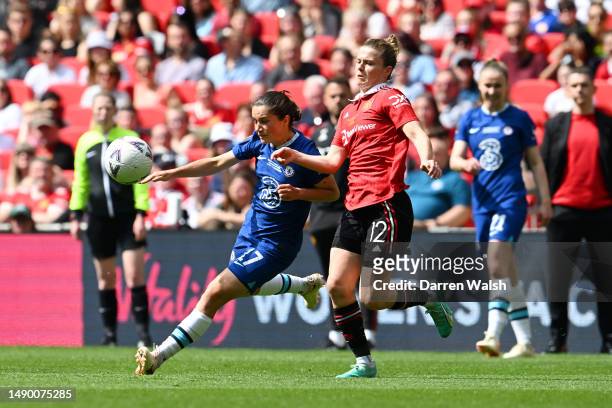 Jessie Fleming of Chelsea is challenged by Hayley Ladd of Manchester United during the Vitality Women's FA Cup Final between Chelsea FC and...