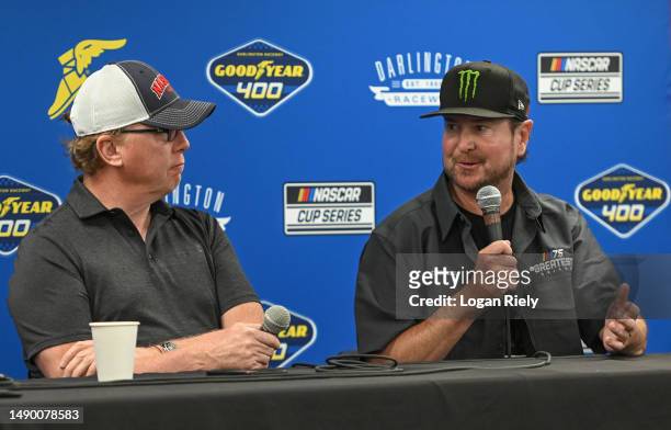 Former NASCAR Cup Series drivers Kurt Busch and Ricky Craven speak to the media during a press conference prior to the NASCAR Cup Series Goodyear 400...
