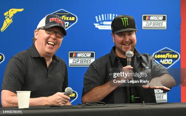 Former NASCAR Cup Series drivers Kurt Busch and Ricky Craven speak to the media during a press conference prior to the NASCAR Cup Series Goodyear 400...