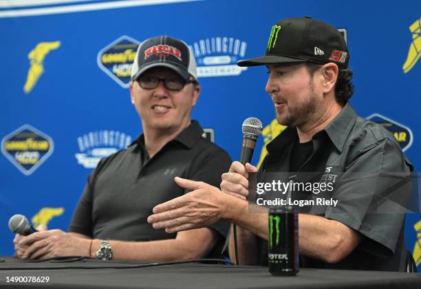 Former NASCAR Cup Series drivers Kurt Busch and Ricky Craven speak to the media during a press conference prior to the NASCAR Cup Series Goodyear 400...