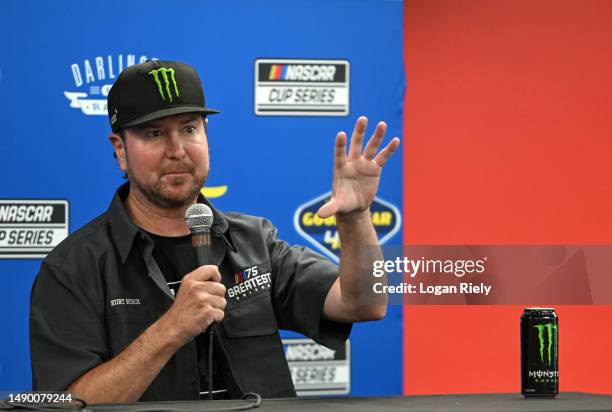 Former NASCAR Cup Series drivers Kurt Busch speaks to the media during a press conference prior to the NASCAR Cup Series Goodyear 400 at Darlington...