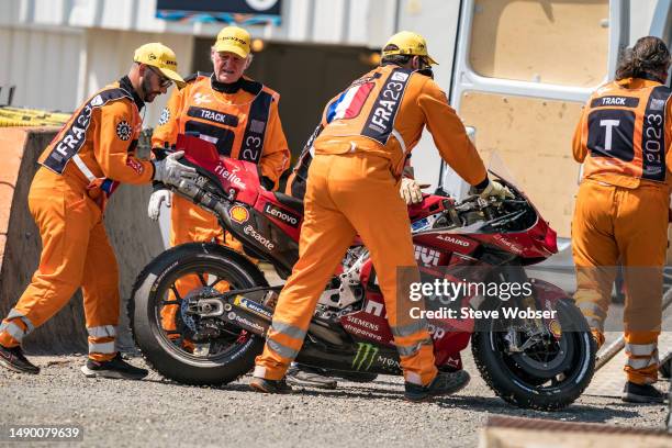 Francesco Bagnaia's Ducati after he crashed with Maverick Viñales of Spain and Aprilia Racing at the beginning of the Race of the MotoGP SHARK Grand...