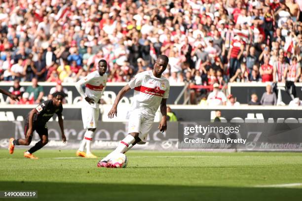 Sehrou Guirassy of VfB Stuttgart scores the team's first goal during the Bundesliga match between VfB Stuttgart and Bayer 04 Leverkusen at...