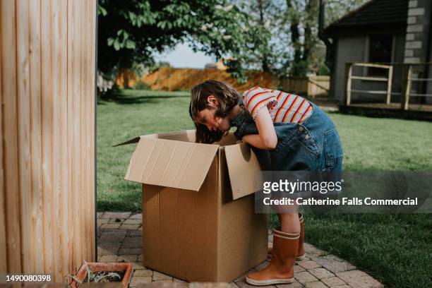 a little girl reaches into a large cardboard box - removing shoes stock pictures, royalty-free photos & images