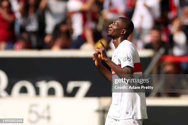 Sehrou Guirassy of VfB Stuttgart celebrates after scoring the team's first goal during the Bundesliga match between VfB Stuttgart and Bayer 04...