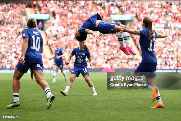 Sam Kerr of Chelsea celebrates after scoring the team's first goal during the Vitality Women's FA Cup Final between Chelsea FC and Manchester United...