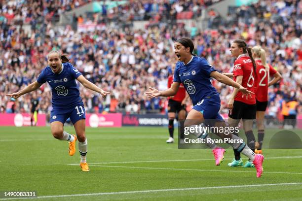 Sam Kerr of Chelsea celebrates after scoring the team's first goal during the Vitality Women's FA Cup Final between Chelsea FC and Manchester United...