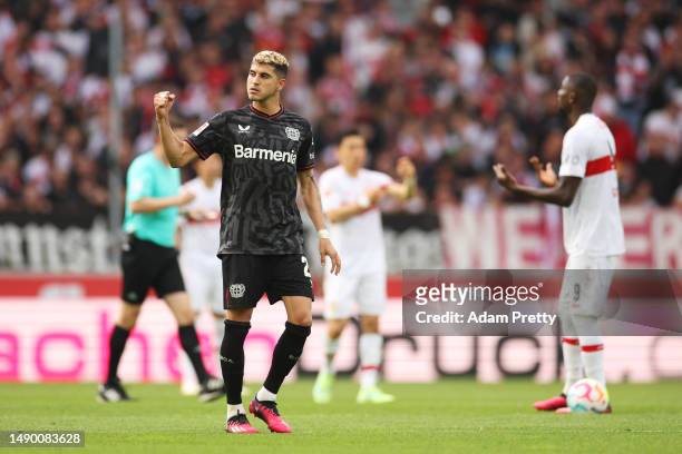Exequiel Palacios of Bayer 04 Leverkusen celebrates after scoring the team's first goal during the Bundesliga match between VfB Stuttgart and Bayer...