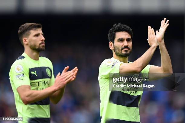 Ilkay Guendogan of Manchester City applauds the fans after the team's victory during the Premier League match between Everton FC and Manchester City...