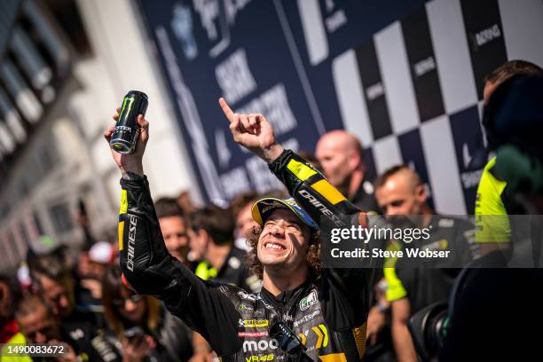 Marco Bezzecchi of Italy and Mooney VR46 Racing Team celebrates his race win at parc ferme during the Race of the MotoGP SHARK Grand Prix de France...