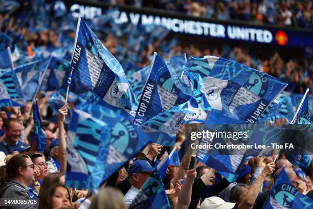 General view as fans of Chelsea wave FA Cup Final flags during the Vitality Women's FA Cup Final between Chelsea FC and Manchester United at Wembley...