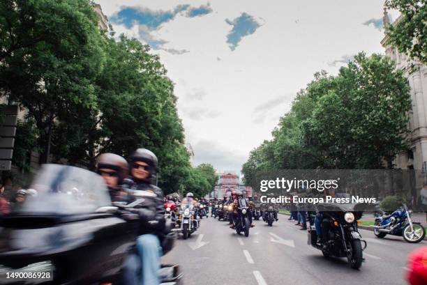 Several Harley Davidson motorcycles parade along the Complutense Avenue, on 14 May, 2023 in Madrid, Spain. With this Harley-Davidson KM0 Parade, the...