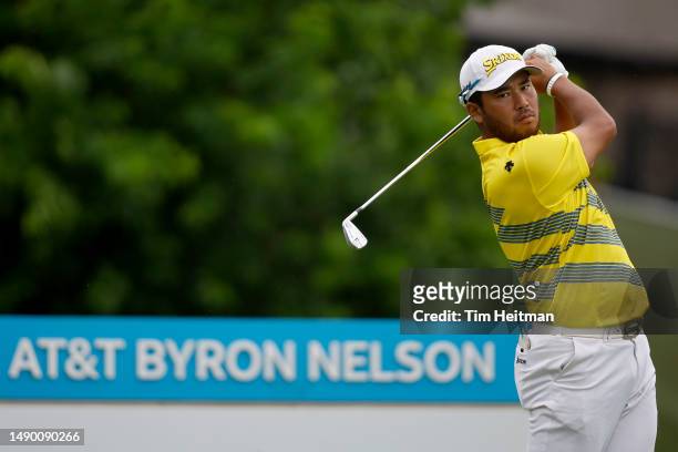 Hideki Matsuyama of Japan plays his shot from the fourth tee during the final round of the AT&T Byron Nelson at TPC Craig Ranch on May 14, 2023 in...
