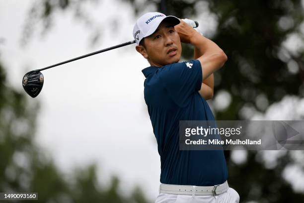 Sangmoon Bae of South Korea plays his shot from the second tee during the final round of the AT&T Byron Nelson at TPC Craig Ranch on May 14, 2023 in...