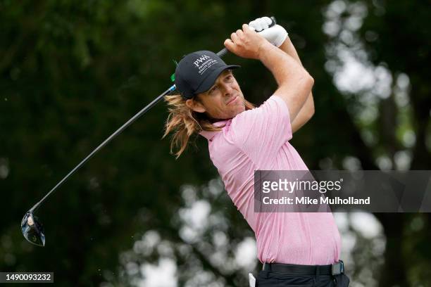 Aaron Baddeley of Australia plays his shot from the second tee during the final round of the AT&T Byron Nelson at TPC Craig Ranch on May 14, 2023 in...