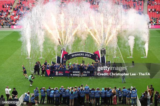 General view as players of Chelsea celebrate as Millie Bright and Magdalena Eriksson of Chelsea lift the Vitality Women's FA Cup trophy after the...