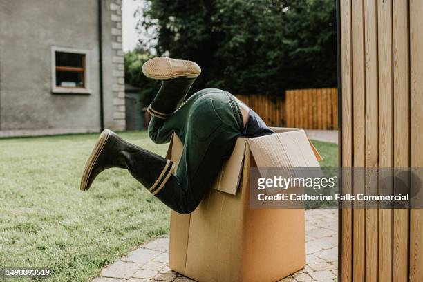 a young lad falls into a large cardboard box in a domestic garden - shoes box stock pictures, royalty-free photos & images