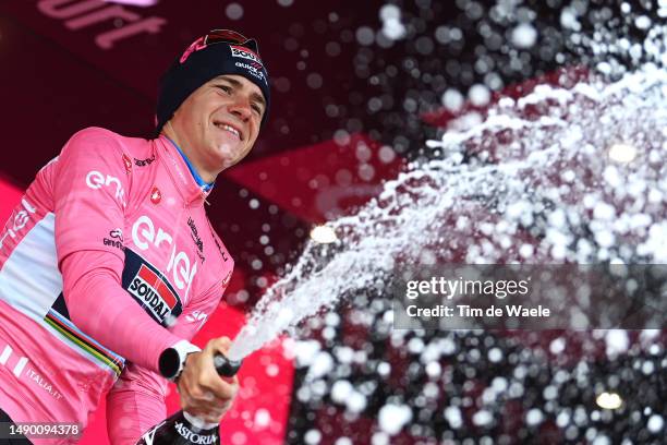 Remco Evenepoel of Belgium and Team Soudal - Quick Step celebrates at podium as Pink Leader Jersey winner during the 106th Giro d'Italia 2023, Stage...
