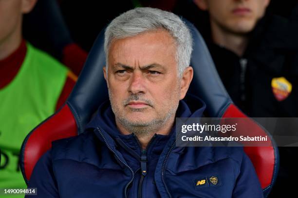 Josè Mourinho head coach of AS Roma during the Serie A match between Bologna FC and AS Roma at Stadio Renato Dall'Ara on May 14, 2023 in Bologna,...