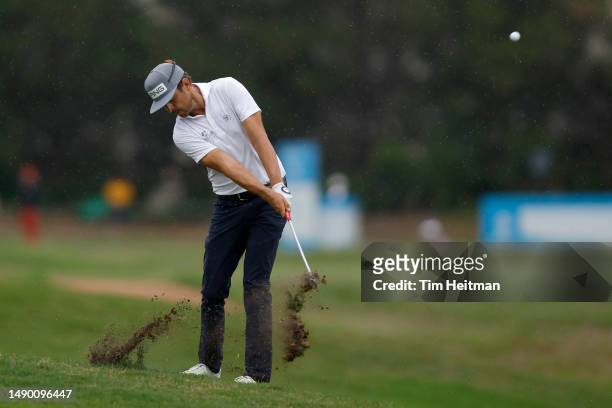 Scott Harrington of the United States plays his shot on the third hole during the final round of the AT&T Byron Nelson at TPC Craig Ranch on May 14,...