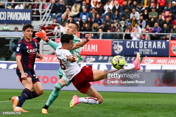 Roma player Filippo Missori during the Serie A match between Bologna FC and AS Roma at Stadio Renato Dall'Ara on May 14, 2023 in Bologna, Italy.