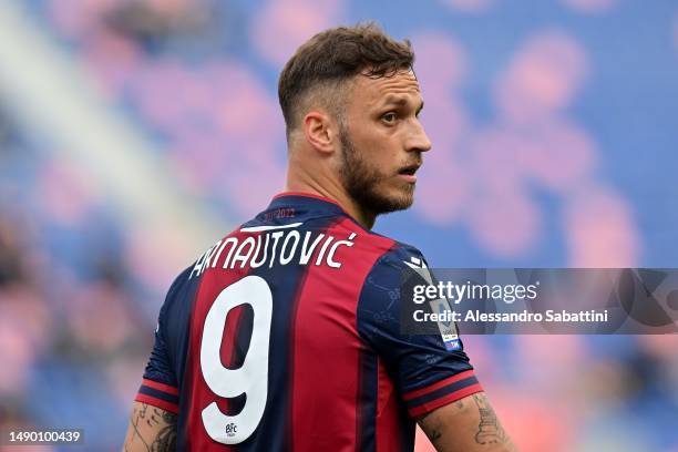 Marko Arnautovic of Bologna FC looks on during the Serie A match between Bologna FC and AS Roma at Stadio Renato Dall'Ara on May 14, 2023 in Bologna,...