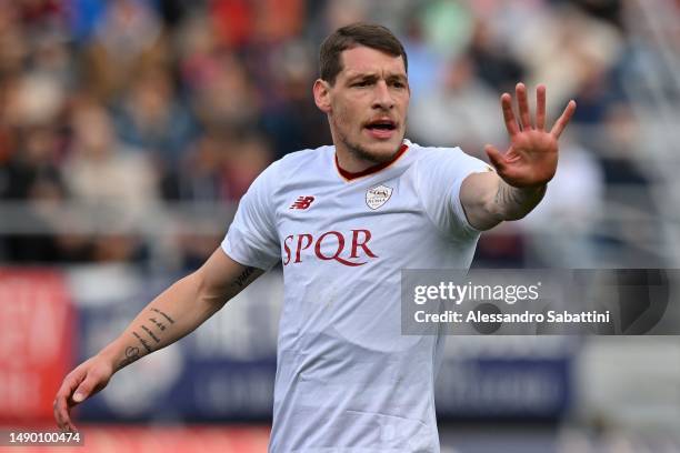 Andrea Belotti of AS Roma gestures during the Serie A match between Bologna FC and AS Roma at Stadio Renato Dall'Ara on May 14, 2023 in Bologna,...