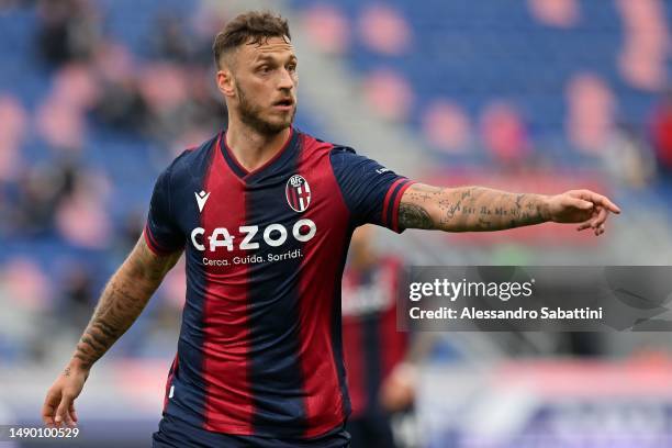 Marko Arnautovic of Bologna FC gestures during the Serie A match between Bologna FC and AS Roma at Stadio Renato Dall'Ara on May 14, 2023 in Bologna,...