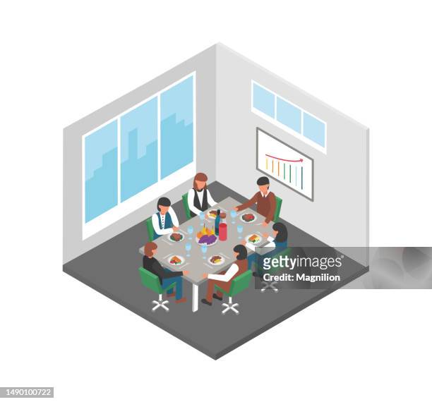 business lunch isometric vector - women meeting lunch stock illustrations