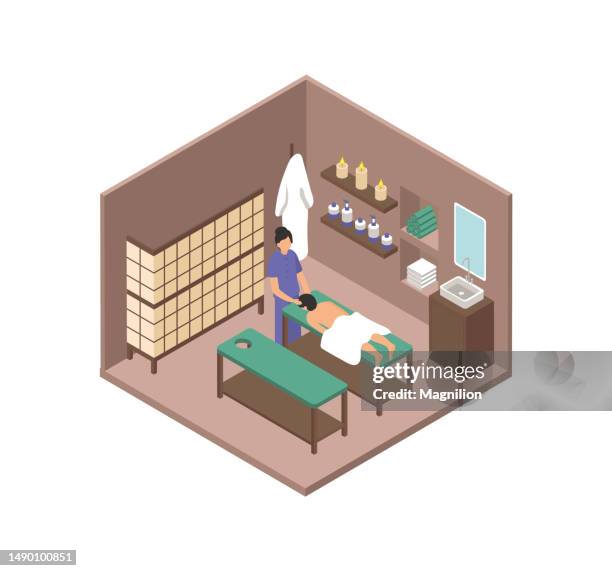 massage therapy isometric vector - massage table stock illustrations