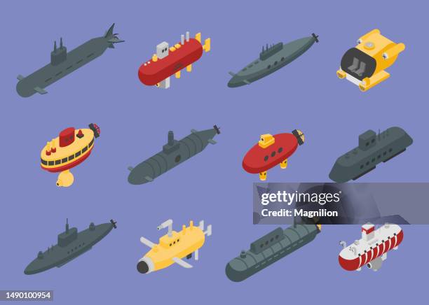 submarines and bathyscaphes isometric vector - undersea warfare stock illustrations