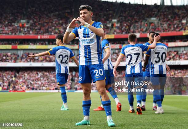 Julio Enciso of Brighton & Hove Albion celebrates after scoring the team's first goal during the Premier League match between Arsenal FC and Brighton...