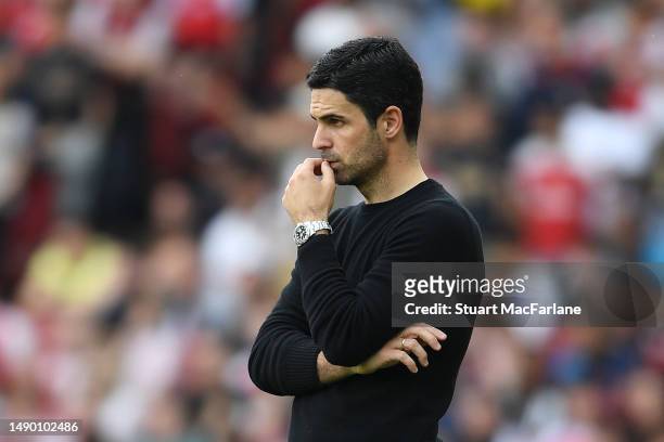 Mikel Arteta, Manager of Arsenal, reacts during the Premier League match between Arsenal FC and Brighton & Hove Albion at Emirates Stadium on May 14,...