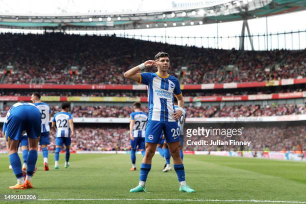 Julio Enciso of Brighton & Hove Albion celebrates after scoring the team's first goal during the Premier League match between Arsenal FC and Brighton...