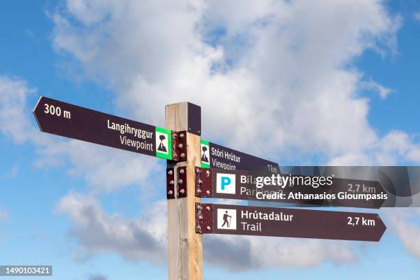 Sign in Fargradalsfjall volcano on April 14, 2023 in Grindavik, Iceland. .