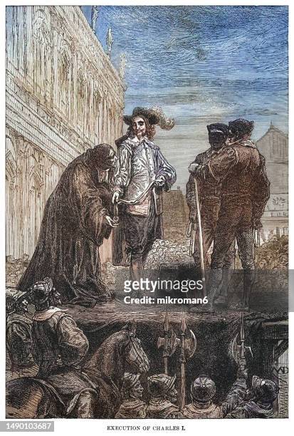 old engraved illustration of execution of king charles i of england - king of england, scotland, and ireland from 27 march 1625 until his execution in 1649 - rei carlos ii de espanha imagens e fotografias de stock