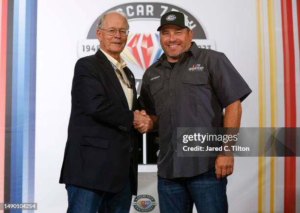Chairman and CEO Jim France congratulates NASCAR Series Cup driver Ryan Newman on selection to NASCAR's 75 Greatest Drivers list prior to the NASCAR...
