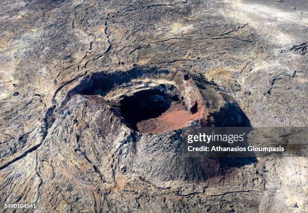 Aerial view of Fagradalsfjall Volcano Crater on April 14, 2023 in Grindavik, Iceland. .