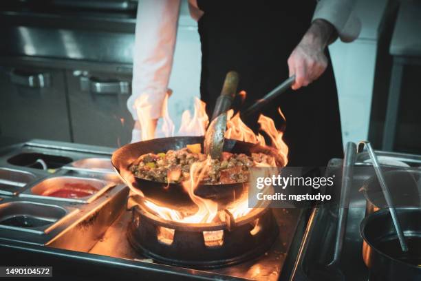 close-up of chef's hand flaming - chicken saute stock pictures, royalty-free photos & images