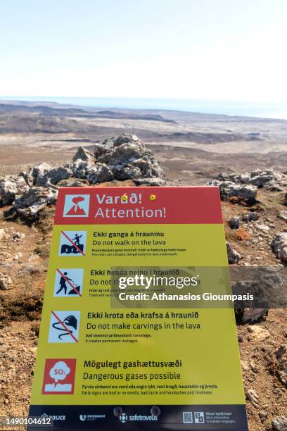 Sign in Fargradalsfjall volcano on April 14, 2023 in Grindavik, Iceland. .