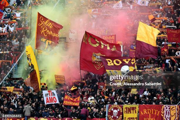 Roma fans during the Serie A match between Bologna FC and AS Roma at Stadio Renato Dall'Ara on May 14, 2023 in Bologna, Italy.