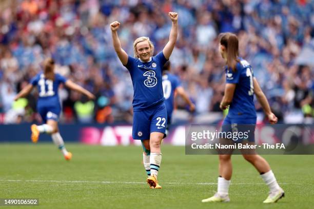 Erin Cuthbert of Chelsea celebrates with teammate Eve Perisset after the Vitality Women's FA Cup Final between Chelsea FC and Manchester United at...