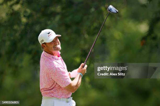 Alex Cejka of Germany watches his tee shot on the second hole during the final round of the Regions Tradition at Greystone Golf and Country Club on...