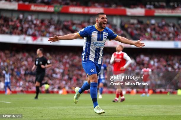 Deniz Undav of Brighton & Hove Albion celebrates after scoring the team's second goal during the Premier League match between Arsenal FC and Brighton...