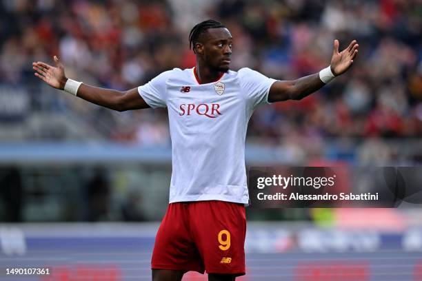 Tammy Abraham of AS Roma reacts during the Serie A match between Bologna FC and AS Roma at Stadio Renato Dall'Ara on May 14, 2023 in Bologna, Italy.